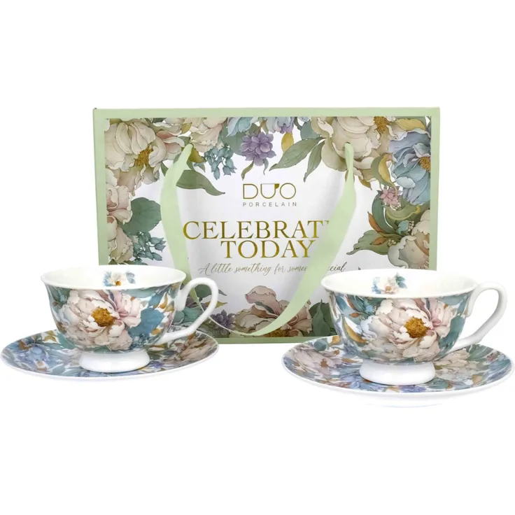 DUO 2er-Set Tassen PEONY WHITE, 250 ml mit Untertassen, New Bone China Porzellan, in Geschenkbox