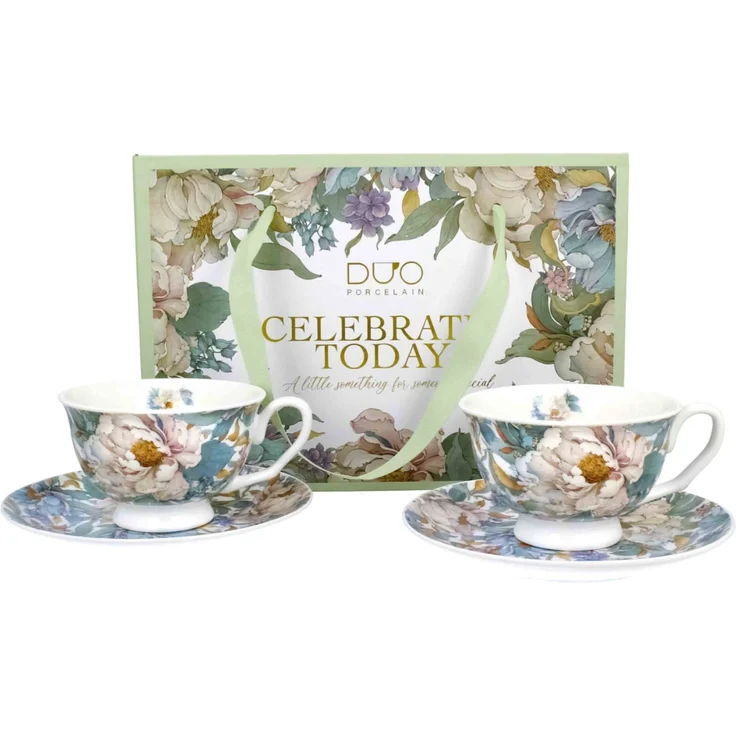 DUO 2er-Set Tassen PEONY WHITE, 250 ml mit Untertassen, New Bone China Porzellan, in Geschenkbox – Bild 1