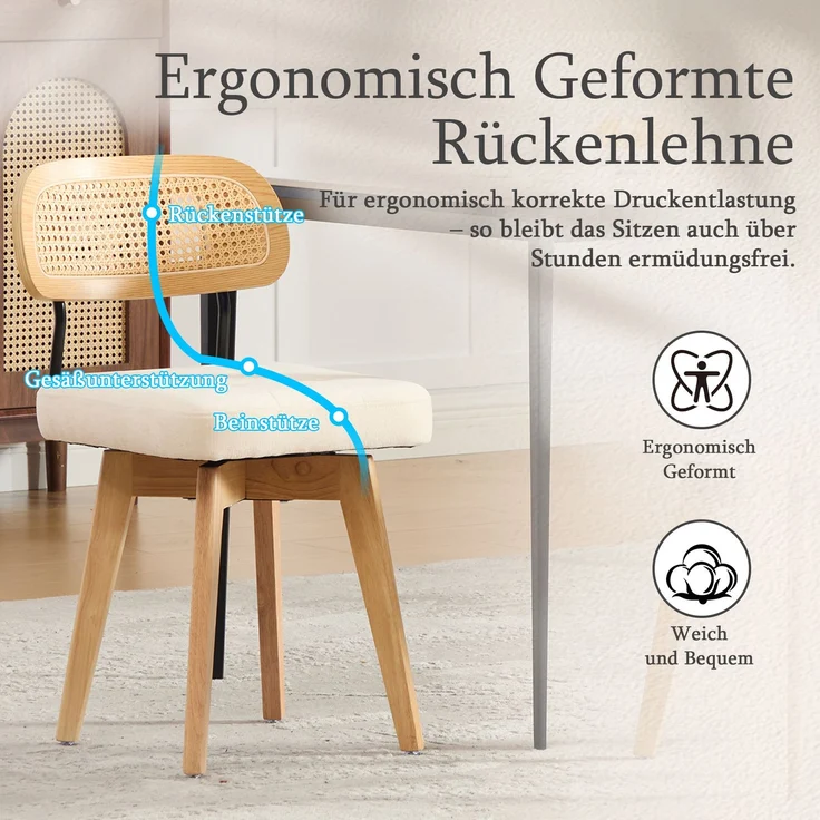 LVHOM 2er-Set Esszimmerstühle 360° Drehstuhl, Polsterstuhl in Rattan-Optik mit Chenille Kissen, stabiler Küchenstuhl mit Metallbeinen, Beige – Bild 6