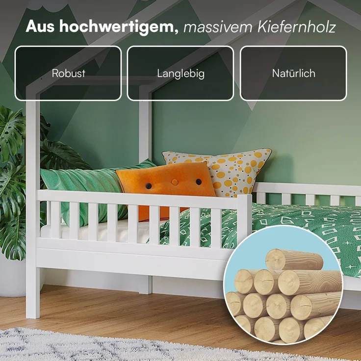 Bellabino 'Vils' Hausbett 90x200 cm, weiß, Kiefer Massivholz, Montessori Kinderbett mit Rausfallschutz und Lattenrost – Bild 6
