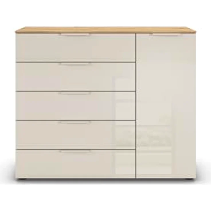 Rauch Möbel Flipp, Kommode für Schlafzimmer, Kinderzimmer, Wohnzimmer, Jugendzimmer, Flur, Garderobe, 1-türig, 5 Schubladen, mit Softclose-Funktion, Farbe Eiche Artisan, Holz/Glas Beige, Breite 120 cm – Bild 6