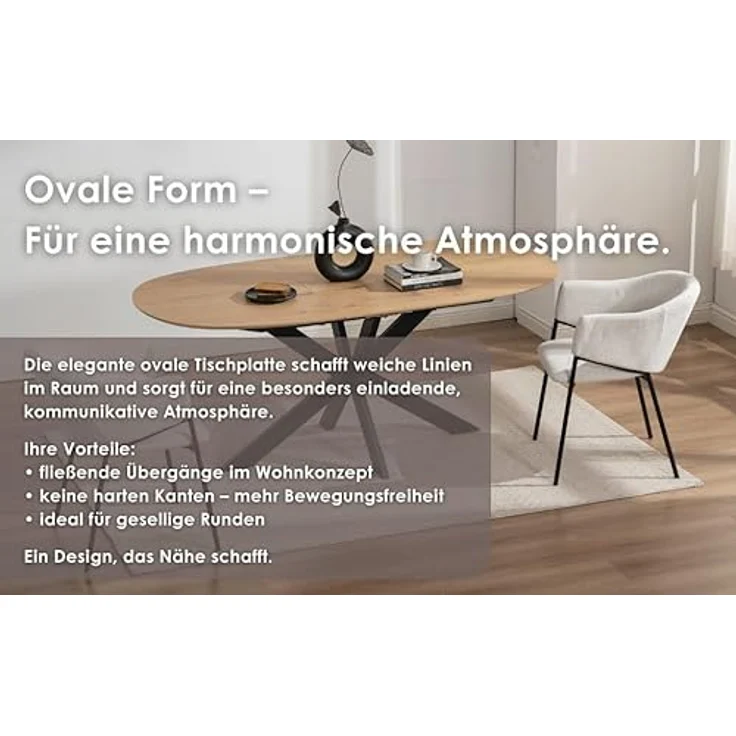 byLIVING Ausziehbarer Esstisch Nevada 140x90 cm, erweiterbar auf 180 cm Mittelauszug Butterfly Funktion, Ovaler Tisch Esszimmer, Eiche Optik, Metallfuß Schwarz stabil, Maße: 140-180 x 90, H 75 cm – Bild 6