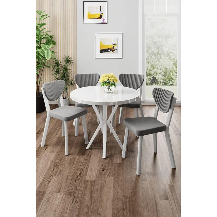 Modernes 5-teiliges Esszimmer-Set mit Tisch und Stühlen, Weiß & Grau, 100% melaminbeschichtete Spanplatte, Metallbeine, skandinavisches Design – Bild 2