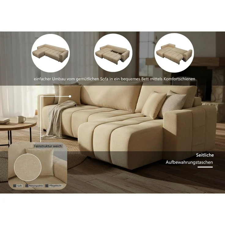 OTTO home Ecksofa YLVAA L-Form, 241 cm - OTTO. Verlässliche Qualität, Schlaffunktion (132/200), Bettkasten, Feinstruktur-Bezug – Bild 2