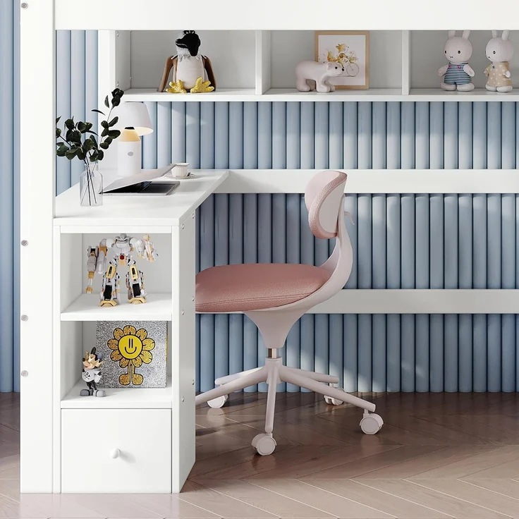 Ball & Cast Hochbett (90x200 cm) Tagesbett mit Fallschutzgitter und Leiter, Kinderbett mit Tisch und Kleiderschrank, Weiß+Natur – Bild 4