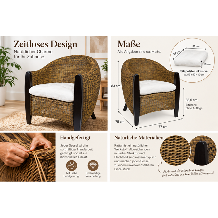 Sedex Bari Rattansessel Bicolor - Handgefertigt mit Holzgestell und Sitzpolster – Bild 2