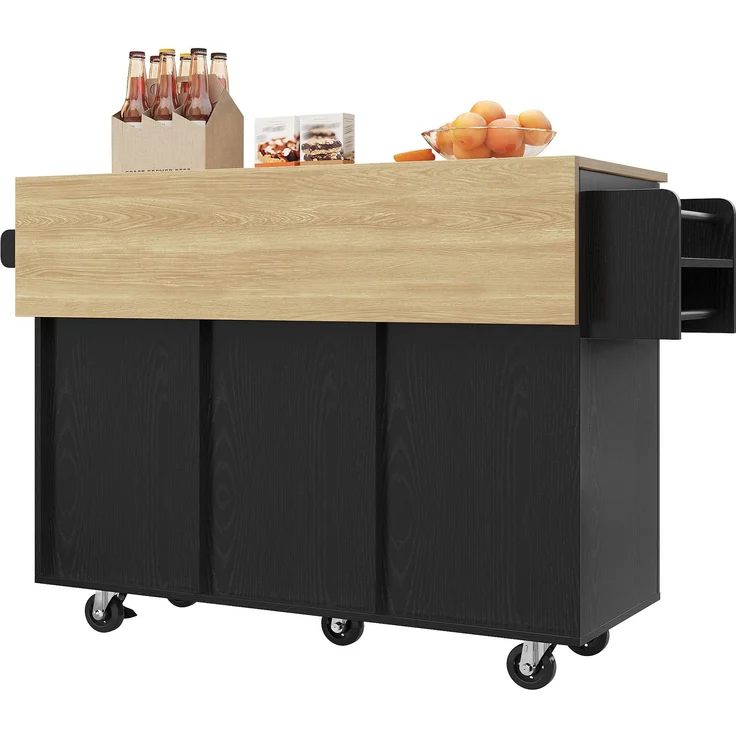 Moderne Kücheninsel, Küchenschrank, buffetschrank, Speisewagen mit Holzmaserung, Multifunktionale Esstisch mit Speicherraum, Speisewagen mit Snackregalen und Stretchfunktionsschränken, Schwarz – Bild 10