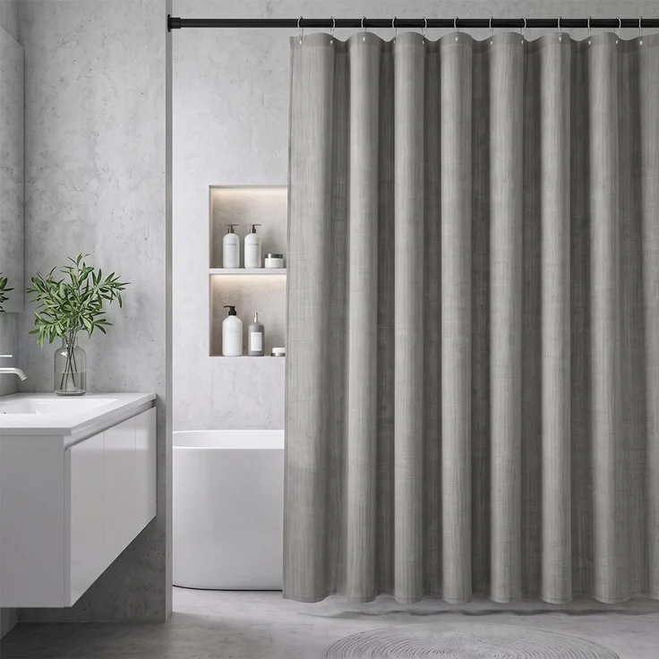 Sekey Duschvorhang Textil Duschvorhang Wannenvorhang Waschbar wasserabweisend mit Ringe Breite 180 cm (Packung, inkl. 12 Ringe), Badewannenvorh, 100% Polyester, Leinenoptik 180x200cm Frostgrau – Bild 1