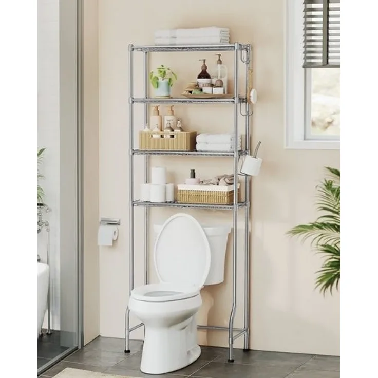 Songmics 4-stöckiges Toilettenregal mit verstellbaren Ablagen und Toilettenpapierhalter, Metall taubengrau, 30 x 63 x 176 cm