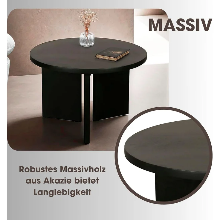 byLIVING Couchtisch Round (Set), aus 2,5cm starkem Massivholz schwarz, einzeln oder im Set stellbar – Bild 4