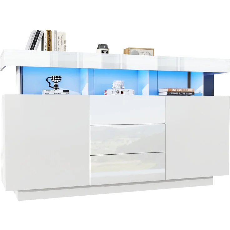 ZUBALIYA Sideboard 140x35x80 cm, mit LED-Beleuchtung, Hochglanz, aus Spanplatte, Weiß – Bild 9