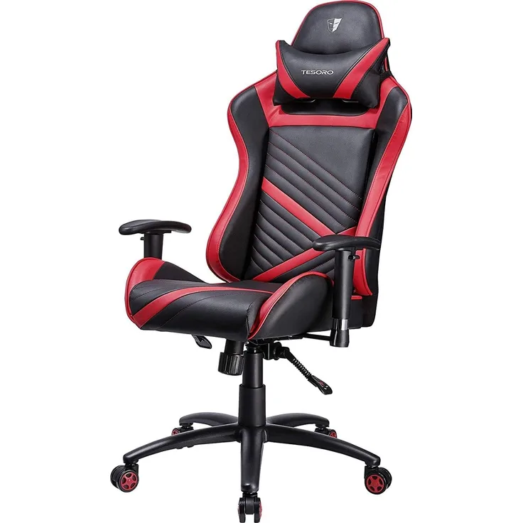 Tesoro Zone Speed Gaming Stuhl F700 Rot/Schwarz - schmaler Gamer Stuhl mit Wippfunktion, PU-Leder, verstellbare Armlehnen, Nackenkissen