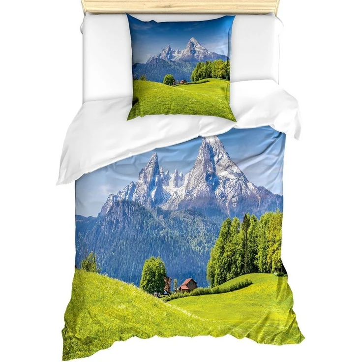 Abakuhaus Bettwäsche Milbensicher Allergiker geeignet mit Kissenbezug, Microfaser, Berg Alpen mit Wiese Flora – Bild 1