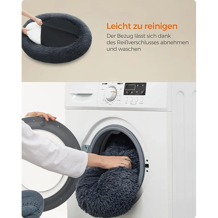 Feandrea Hundebett flauschig, Katzenbett, Donut Kissen, waschbar, Polsterung in der Mitte herausnehmbar, langer Plüsch, 90 cm Durchmesser, dunkelgrau – Bild 4