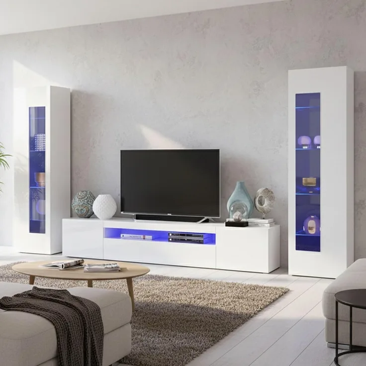 Dmora Modulares Wohnzimmer-Wandsystem, Made in Italy, TV-Ständer und Wohnwände, Modernes Wohnzimmer-Set, 300x40h162 cm, glänzende weiße Farbe