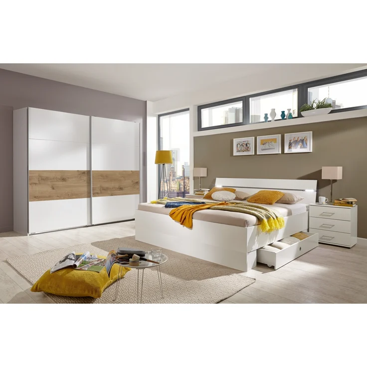 Schwebetürenschrank >Bert< 3 Stangen, 3 Böden, Weiß / Plankeneiche Dekor - 270x208x65cm (BxHxT) – Bild 3