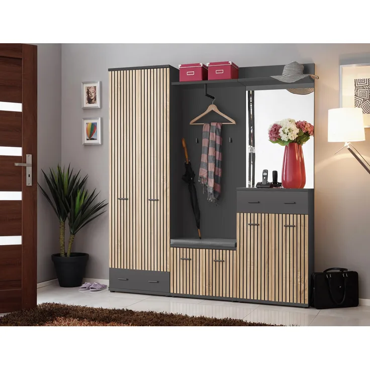 Diele Marco 3 mit Kissen in Anthrazit und Artrisan mit Streifen Aufdruck 180 x 203 x 32 cm 5-teilig