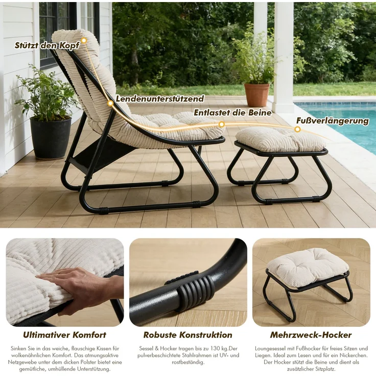 LVHOM Sessel mit Hocker, Gepolsterter Loungesessel aus Cord mit Metallgestell, ergonomischer Relaxsessel für Wohnzimmer und Schlafzimmer, Weiß – Bild 3