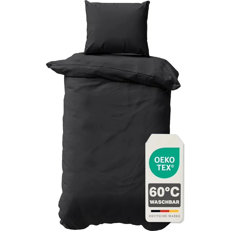 Müskaan - 2 teilig Renforcé Uni Bettwäsche mit Kopfkissen Garnitur, Reißverschluss - für Allergiker geeignet, atmungsaktiv, Schwarz, 135x200 + 80x80 cm, 100% Baumwolle