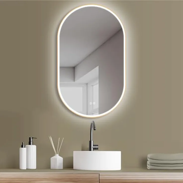 HOKO Badezimmerspiegel LED Oval 50x90 cm London Gold, Anti-Beschlag, energiesparend, Touch-Sensor, Lichtfarbe Wechsel 2700-6500K