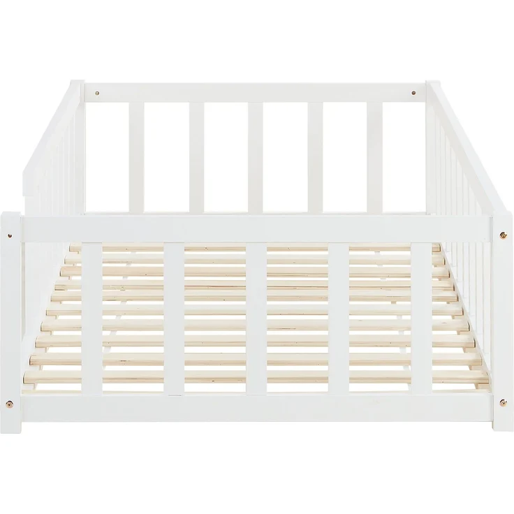Kinderbett 90x200 Bodenbett mit Rausfallschutz Montessori Bett Kleinkindbett Holz Massiv Weiß Einzelbett Lattenrost Bettgestell – Bild 4