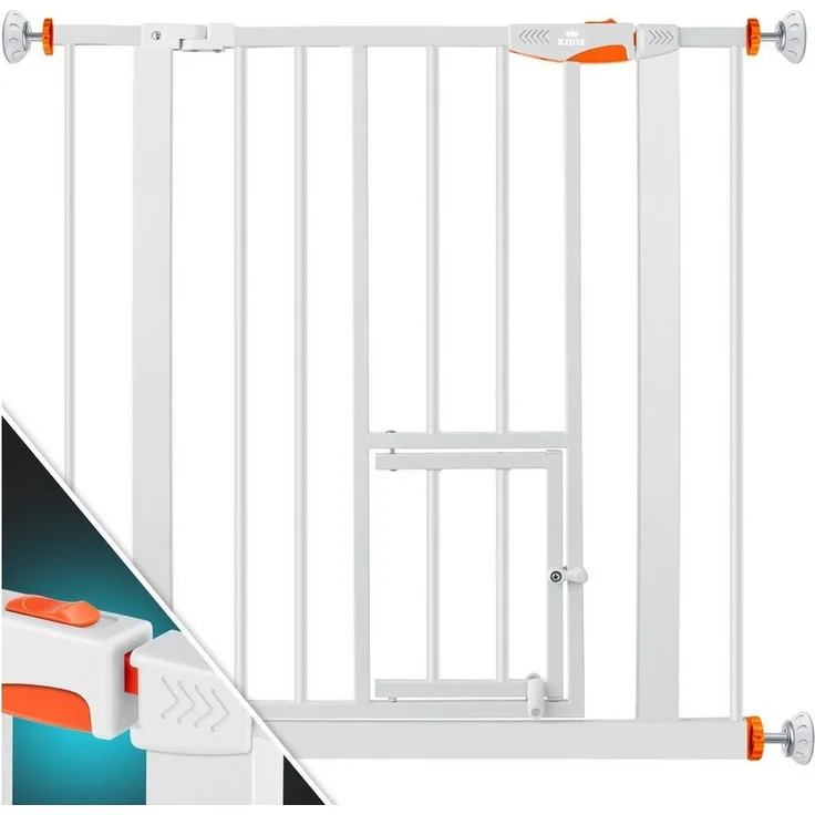 KIDIZ® Absperrgitter zum Klemmen mit Katzenklappe, Türschutzgitter, Autoclose Kinder Treppengitter ohne Bohren | 90° Stopp Schutz, schwenkbar, Treppenschutzgitter Orange, 74 - 80 cm