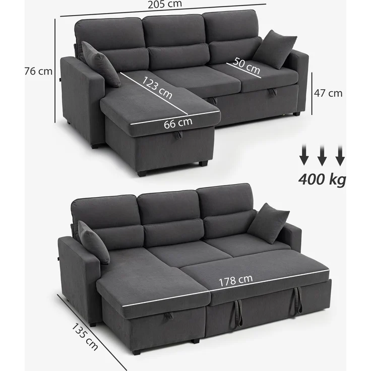 Verstellbares Bettsofa, L-förmiges Gästesofa mit Bettfunktion, Stauraum, Kissen, für Wohnzimmer, Gästezimmer, Dunkelgrau--Dunkelgrau--205x135x76cm--YOUDENOVA – Bild 5