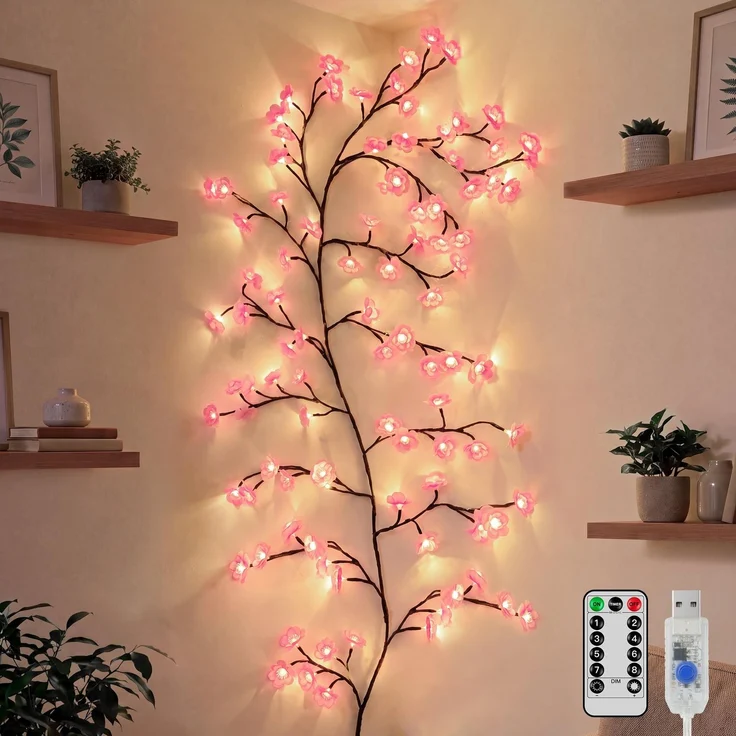 Ollny Kirschblüten Zweige Lichterkette, 1,8m 96 LED Sakura Vine, Wanddeko | mit Fernbedienung, 8 Modi, 10 Helligkeitsstufen & Timer, Künstliche Warmweiss Rattan Deko für Wohnzimmer, Schlafzimmer&Feste
