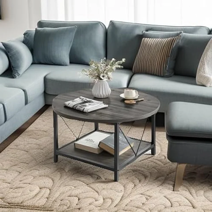 YITAHOME Runder Couchtisch, 80 x 80 x 46 cm Rustikaler Wohnzimmertisch aus Holz für Wohnzimmer mit Ablage, Moderner Bauernhaus Couchtisch mit Stabilen Metallbeinen, Heimmöbel – Bild 6