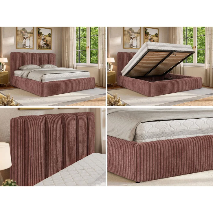 Polsterbett SAVINO CLASSIC mit Bettkasten und Lattenrost Doppelbett 160 x 200 cm mit hohem Kopfteil Stauraumbett Bett mit Gasdruckfeder - Rosa Cord - Multipocket Matratze - ELORI LUX – Bild 2
