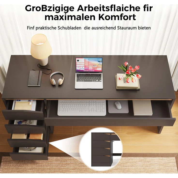 ZUBALIYA Schreibtisch 140x50 cm mit 5 Schubladen, Grau /Eiche-Optik, Moderner Computertisch mit extra großer Arbeitsfläche, Schminktisch mit Stauraum, Bürotisch für Homeoffice, Schlafzimmer und Arbeitszimmer – Bild 3
