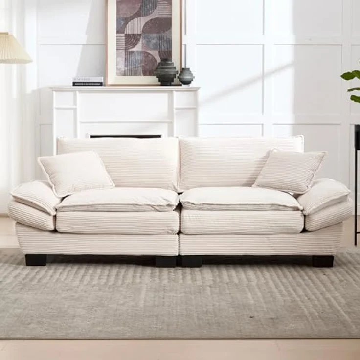 Ball & Cast Couch mit Schlaffunktion, Samt Sofa 2 Sitzer mit Kissen für das Wohnzimmer Wohnung Schlafzimmer, 224 x 81 x 81 (BxHxT), Beige – Bild 4