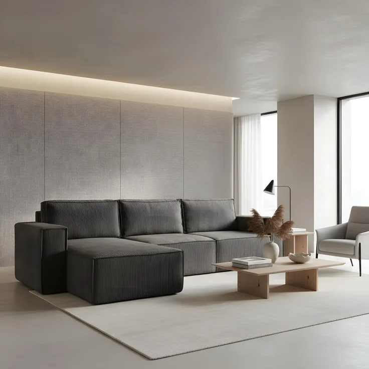 Wohnero24 modernes Ecksofa MARVIN Cord Dunkelgrau 298x180 cm – Eckcouch L-Form mit Schlaffunktion 250x150 cm, universelle Ottomane