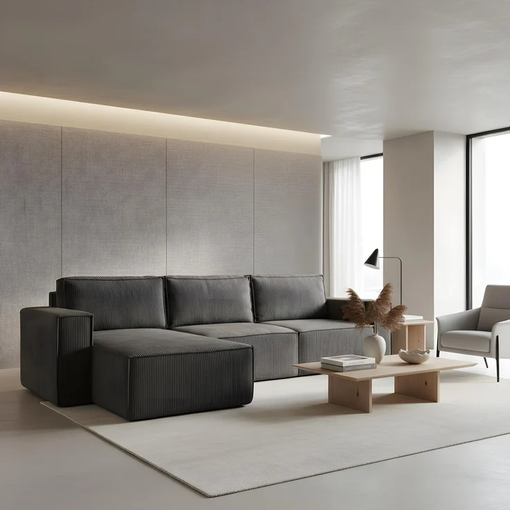 Wohnero24 modernes Ecksofa MARVIN Cord Dunkelgrau 298x180 cm – Eckcouch L-Form mit Schlaffunktion 250x150 cm, universelle Ottomane – Bild 1