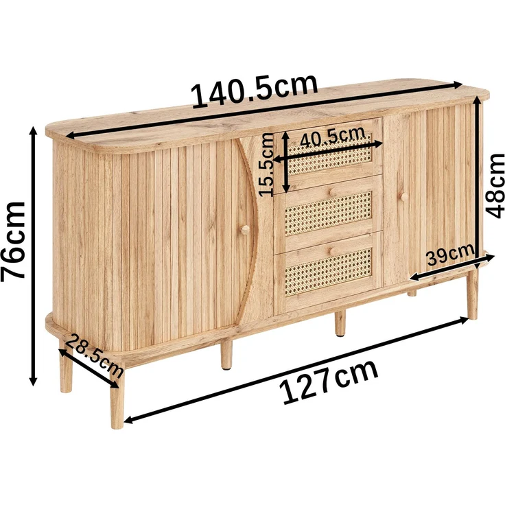 Merax Sideboard, Rattan, mit Schiebetüren, verstellbaren Einlegeböden und abgerundeter Platte, Holzfarbe, 76 x 140,5 x 40 cm – Bild 10