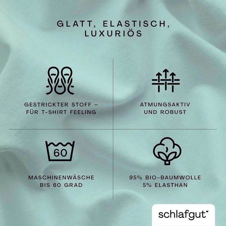 Schlafgut Spannbettlaken PREMIUM Mako-Zwirn-Jersey, 220 g/m², 95% Bio-Baumwolle, 5% Elasthan, Mako-Zwirn-Jersey, Gummizug: rundum, (1 Stück), Bettlaken bis 30 cm Höhe, PREMIUM-Qualität langlebig, perfekter Sitz – Bild 3