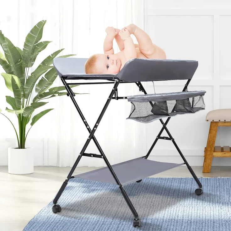 QIERF Klappbarer Wickeltisch Baby Wickelkommode Mobiler Wickelregal Höhenverstellbar, 25kg Tragfähigkeit für 0-12 Monate, Wechseln von Windeln, Wechselkleidung, Lagerung, Grau – Bild 2
