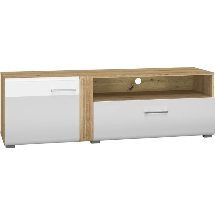 TV Lowboard 150 cm in Eiche Castello Nb. mit weiß Hochglanz AKRON-131 MDF Front mit edler Fräsung, B/H/T: ca. 150/47/42 cm – Bild 1
