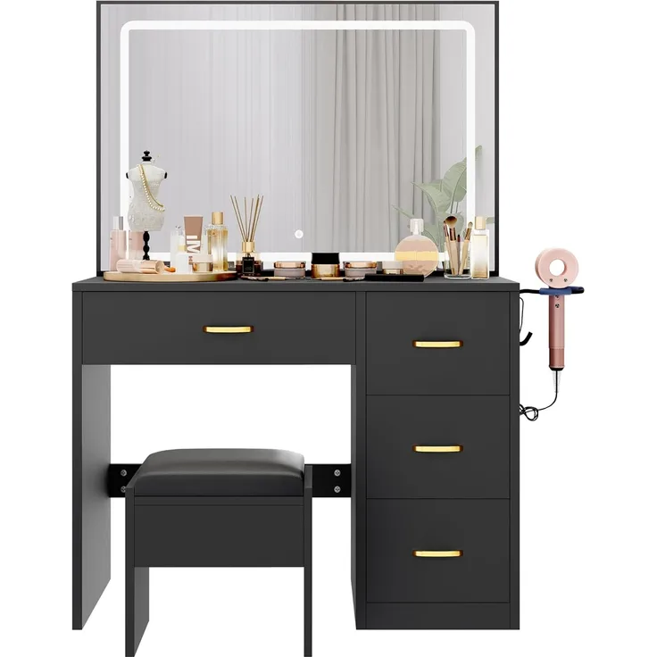 YITAHOME Schminktisch mit Spiegel, Kosmetiktisch mit 4 Schubladen, Beleuchtung, Steckdose, Schwarz (Make Up Tisch, Frisiertisch, Kosmetiktisch, Vanity Table)