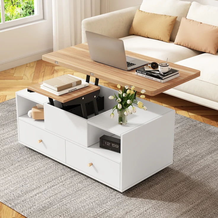 Höhenverstellbarer Couchtisch aus MDF mit 4 Schubladen, Klappfunktion & Rollen, 100x50x47,5-62 cm, Naturholz/Weiß – Bild 3