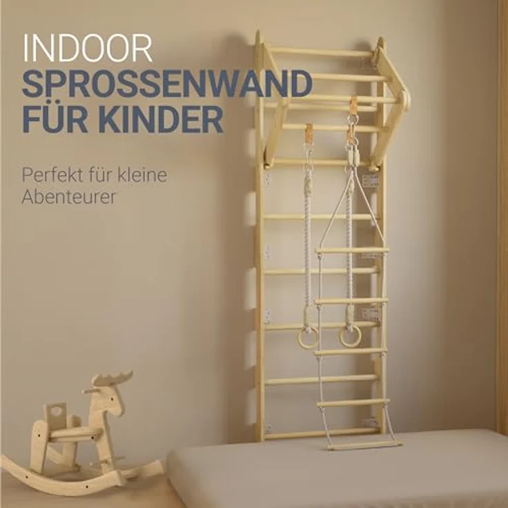 Juskys Sprossenwand für Kinder - mit Klimmzugstange, Indoor Klettergerüst mit Turnringen und Strickleiter, Kletterwand fürs Kinderzimmer, Turnstange – Bild 3
