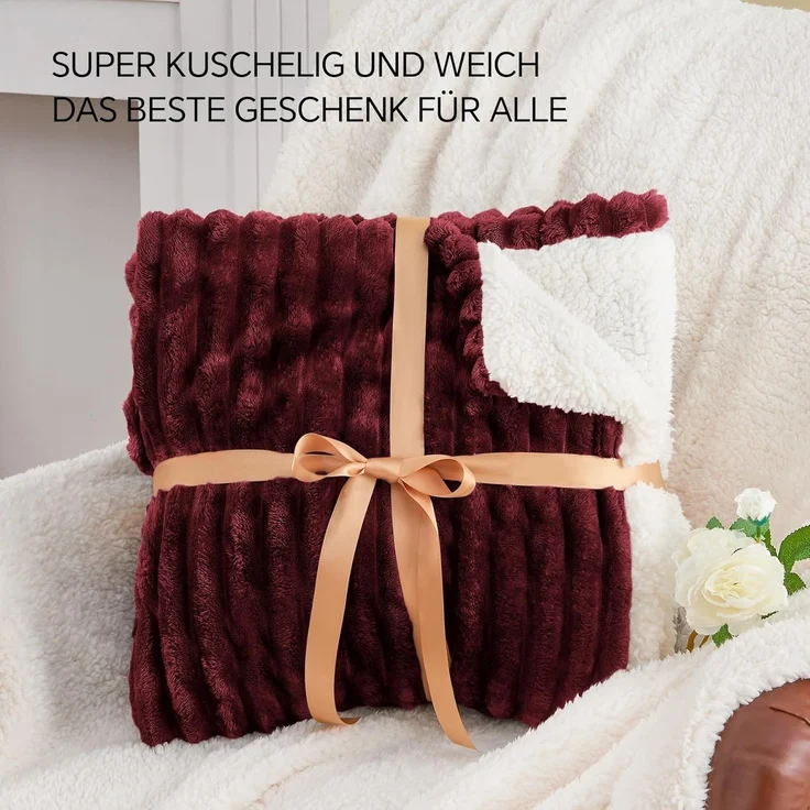 BEDELITE Kuscheldecke Flauschig Decke Groß - Dicke XXL Sherpa Decken Rot 220x240 für Bett, warme Cord Kuscheldecken Burgunderrot weiche Fleecedecke Wohndecke als Tagesdecke für Schlafzimmer – Bild 7