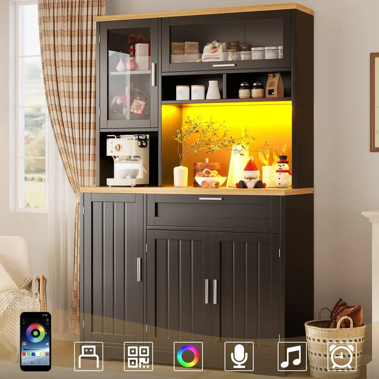 Küchenschrank, Hochschrank / Vitrine mit LED-Beleuchtung, 104x40x180 cm, weiß/schwarz, für Küche & Wohnzimmer--Schwarz--104x40x180cm--YOUDENOVA