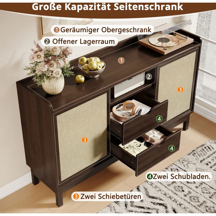 DESVIAE Sideboard mit Schiebetüren und 2 Schubladen 150x80x39,5 cm Spanplatte Natur – Bild 4