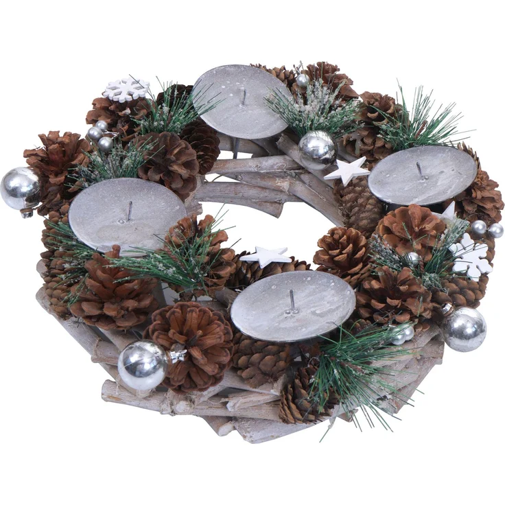 Adventskranz HWC-M15, Adventsgesteck Tischkranz Weihnachtsdeko Tischdeko, Holz MVG silber Ø 32cm ~ ohne Kerzen – Bild 1