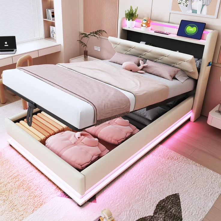 FAVSH Led Polsterbett 90x200CM mit Bettkasten, Bett mit Großer Stauraum & Lattenrost, Hydraulischer Doppelbett mit Lattenrost und Bettkasten USB-Ladeanschluss, Hautfreundlicher Leinenstoff (Beige)