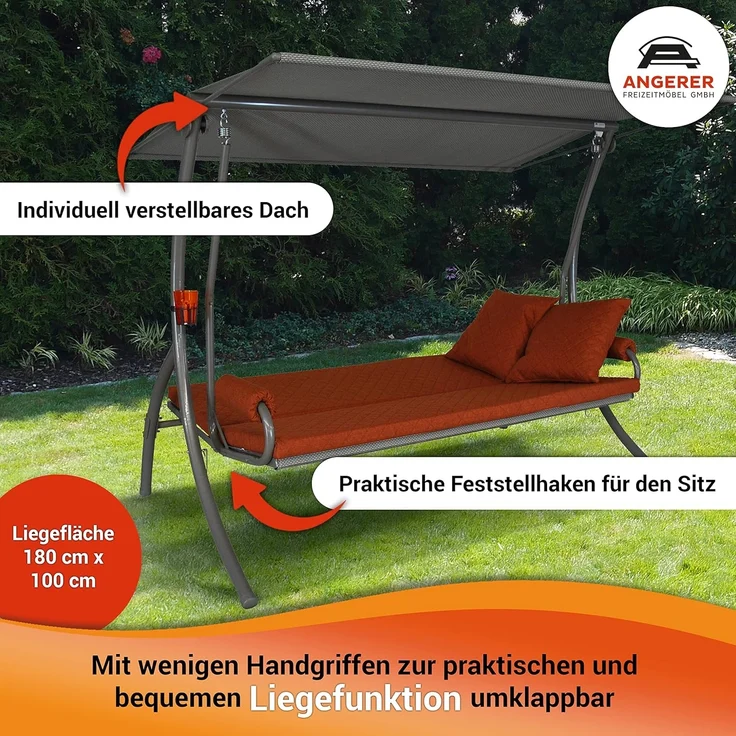 Angerer Freizeitmöbel GmbH Hollywoodschaukel Elegance Joy - Gartenschaukel Made in Germany - Schaukel zum Sitzen, Liegen und Entspannen - inklusive Bett-Funktion - einfache Montage (Hellgrün) – Bild 5