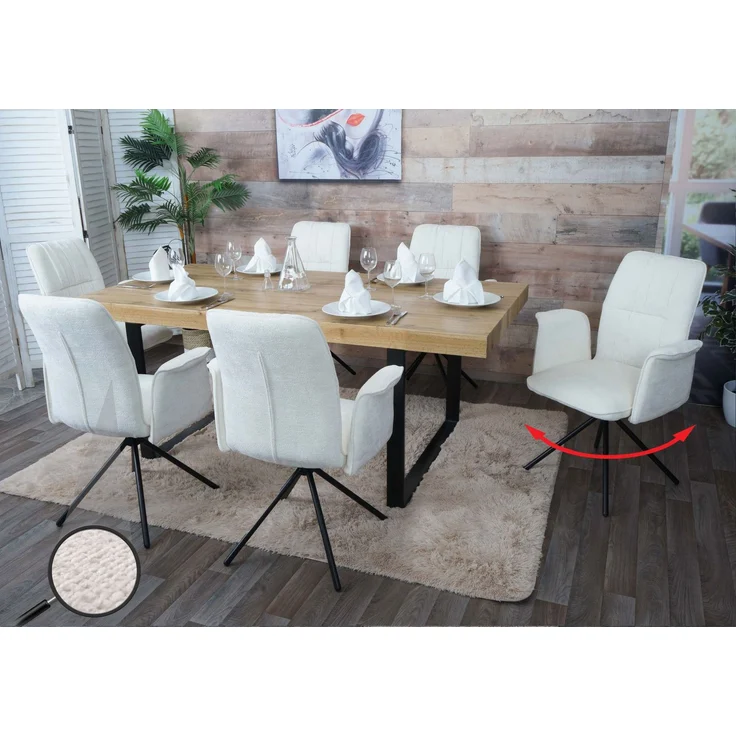 6er-Set Esszimmerstuhl HWC-N99, drehbar Armlehne Auto-Return, Stoff/Textil Chenille (340g/m²) ~ creme – Bild 1
