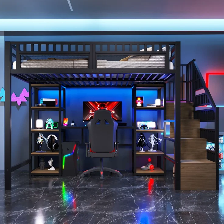 EINHOM Hochbett, 140 x 200 cm, Eisenrahmen, Ablagefach, Leiter mit Stauraum, Schreibtisch, LED-Lichtleiste, USB-Anschluss Inklusive, Schwarz (Ohne Matratze) – Bild 3