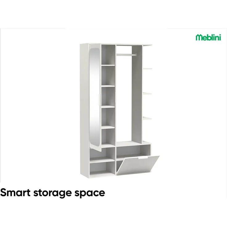 MEBLINI Garderobenschrank NADIA 100cm - Weiß - mit Spiegel - 100x33x190cm R/L - Garderobe Schrank - Flurgarderobe schmal - Garderobe Flur Möbel Set - Flurschrank hoch – Bild 2